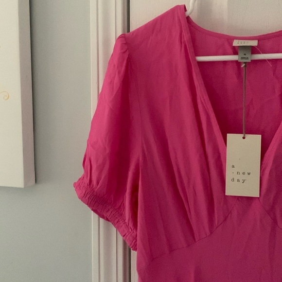 NWT A New Day Pink size M Women's Puff Short Sleeve Dress maxi classic v neck - Picture 7 of 11
